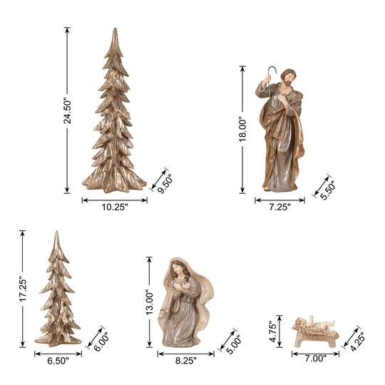 Glitzhome® 5-Piece Brown Resin Holy Family & Christmas Trees Figurine Set